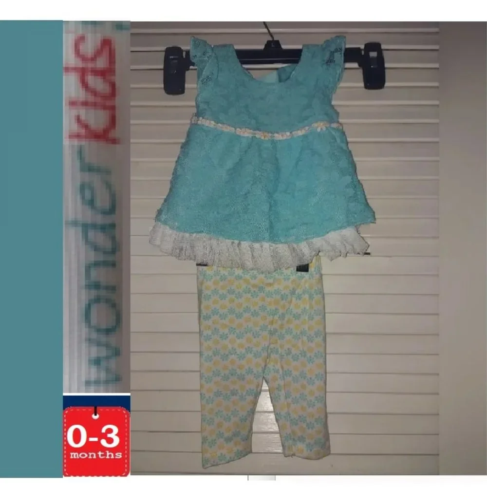 🎁 10/$25-Teal lacey outfit with flower accents,  0- 3 months